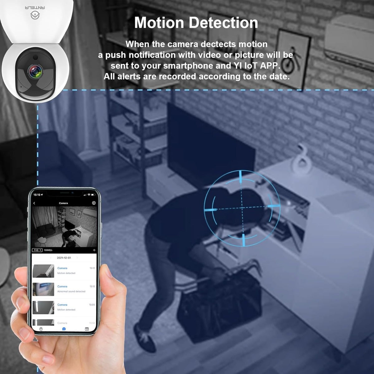 ANTELA Telecamera Wi-Fi da Interno 1080P FHD, PTZ 355°/90°, Audio Bidirezionale, Visione Notturna IR, Rilevamento Movimento, Compatibile con Alexa e Google Home, Dual Wi-Fi 2.4/5GHz