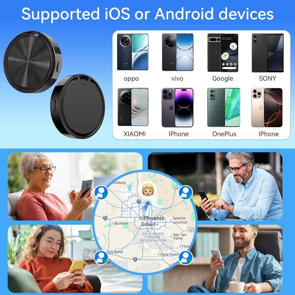 Localizzatore rotondo nero a forma di disco, vista frontale e retro