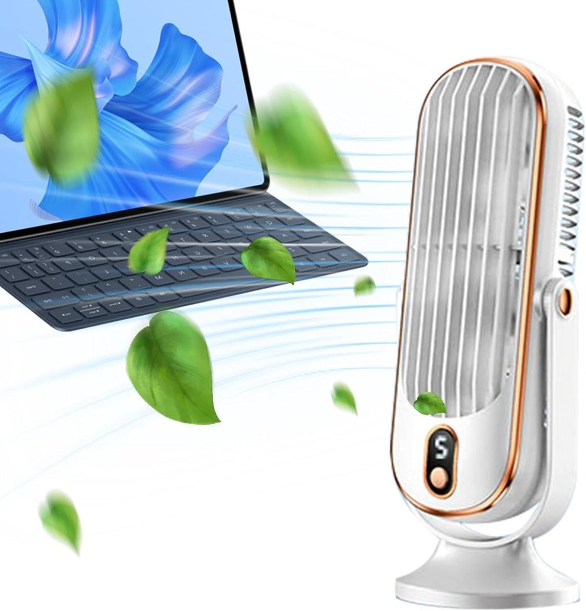 Ventilatore da tavolo senza pale bianco con base e griglia verticale, 5 velocità