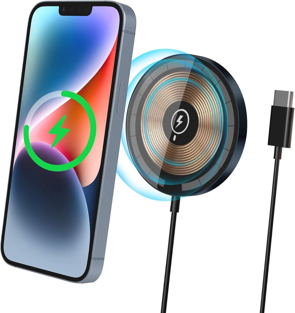 Caricabatterie wireless magnetico con piastra circolare e smartphone accanto
