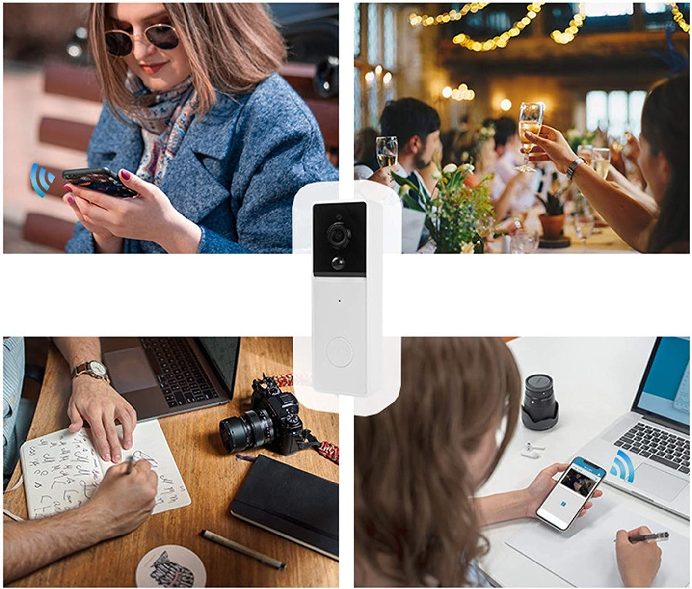 Videocitofono WiFi bianco con fotocamera nera e pulsante circolare