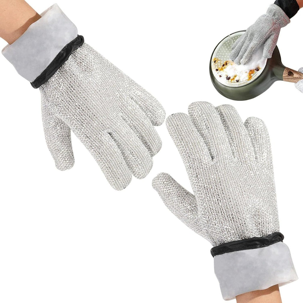 Coppia di guanti in tessuto grigio con polsini neri impermeabili.