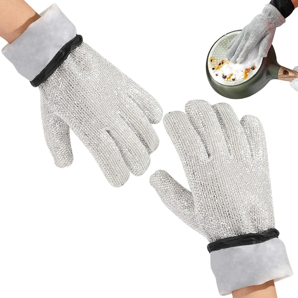 Coppia di guanti in tessuto grigio con polsini neri impermeabili.