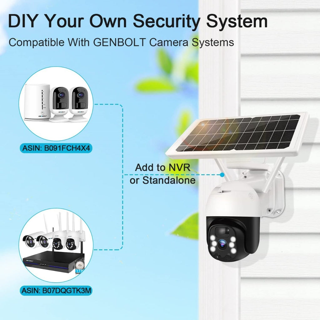 Telecamera solare wireless con pannello solare su staffa, corpo bianco e cupola nera