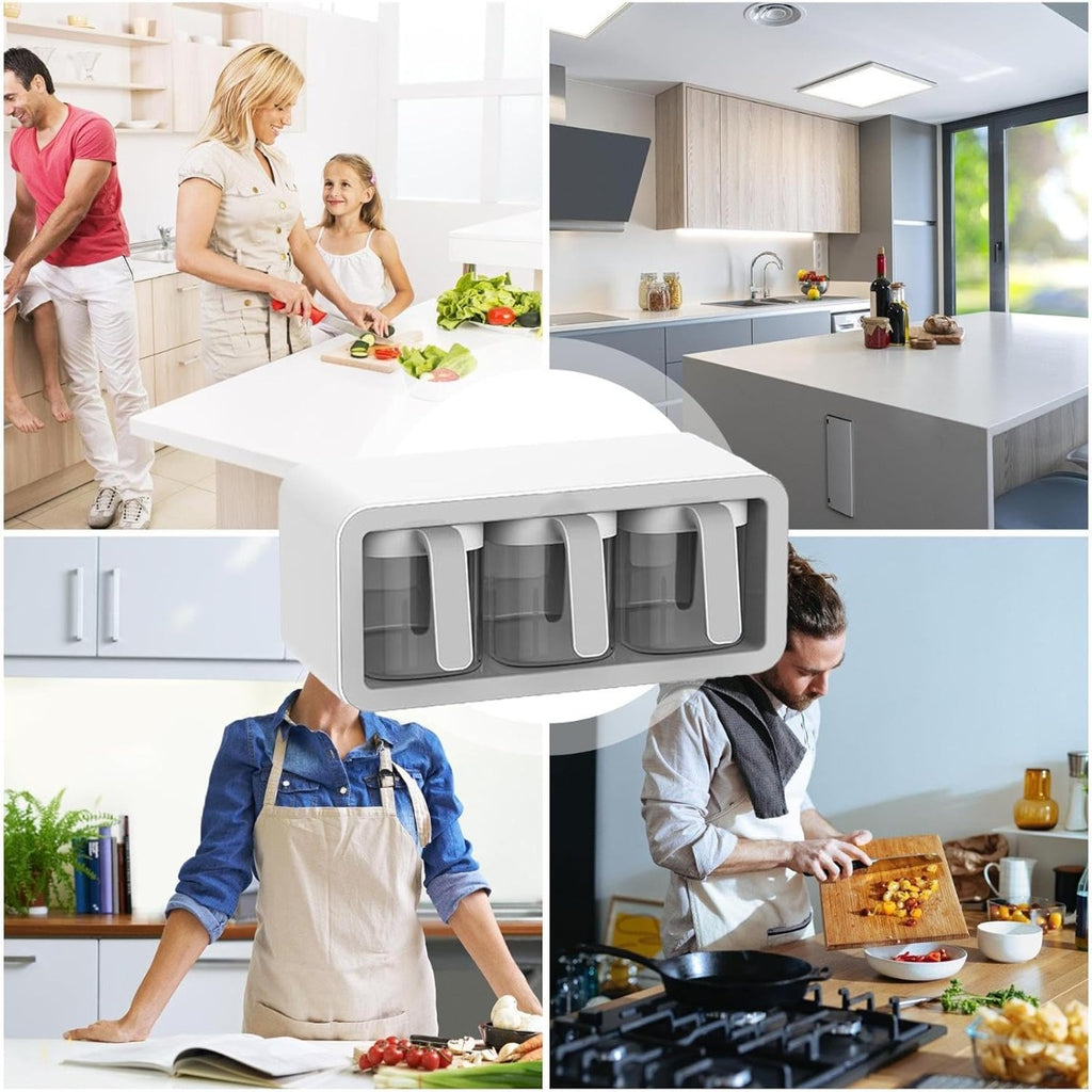 Organizzatore salvaspazio a 3 griglie con contenitori trasparenti, bianco e grigio.