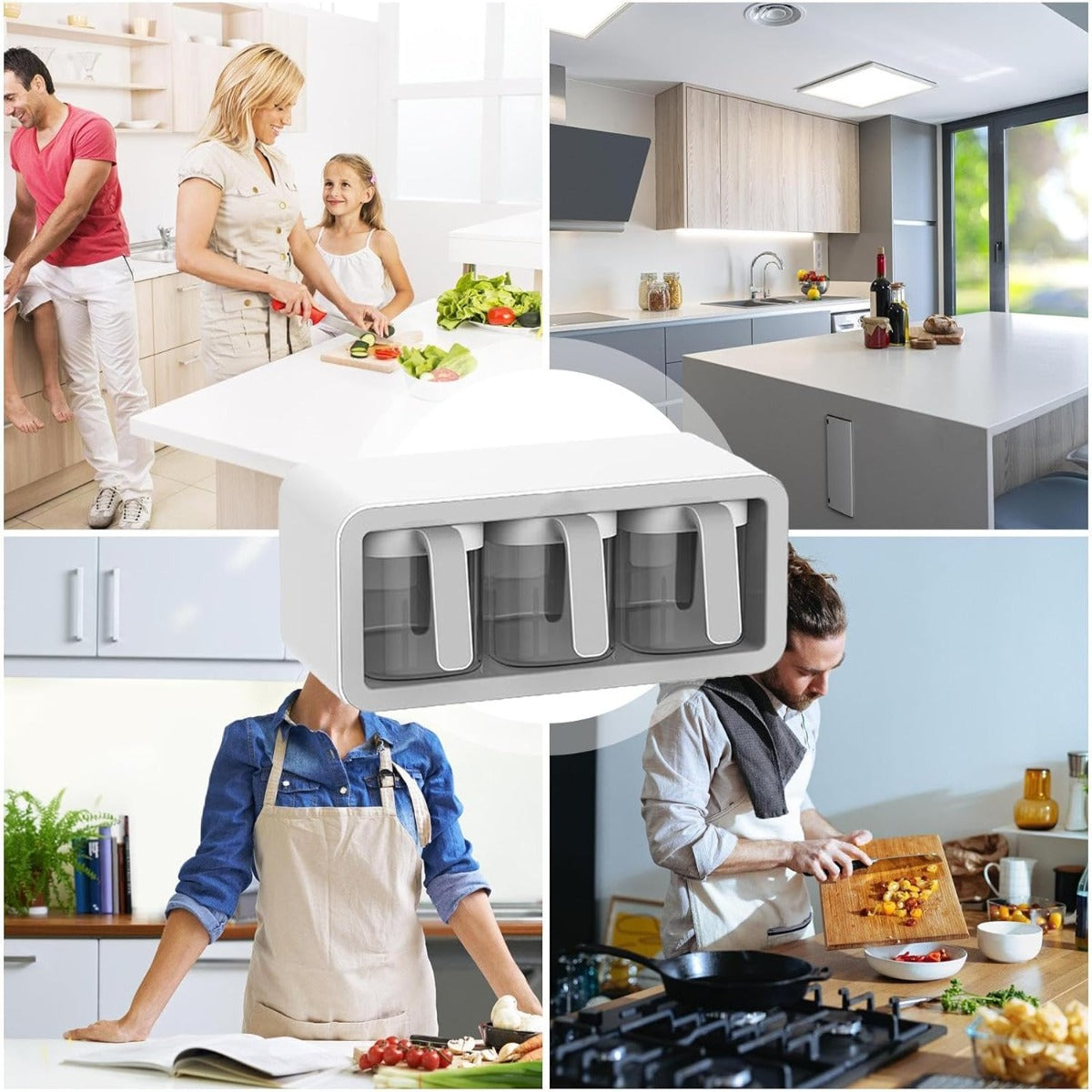 Organizzatore salvaspazio a 3 griglie con contenitori trasparenti, bianco e grigio.