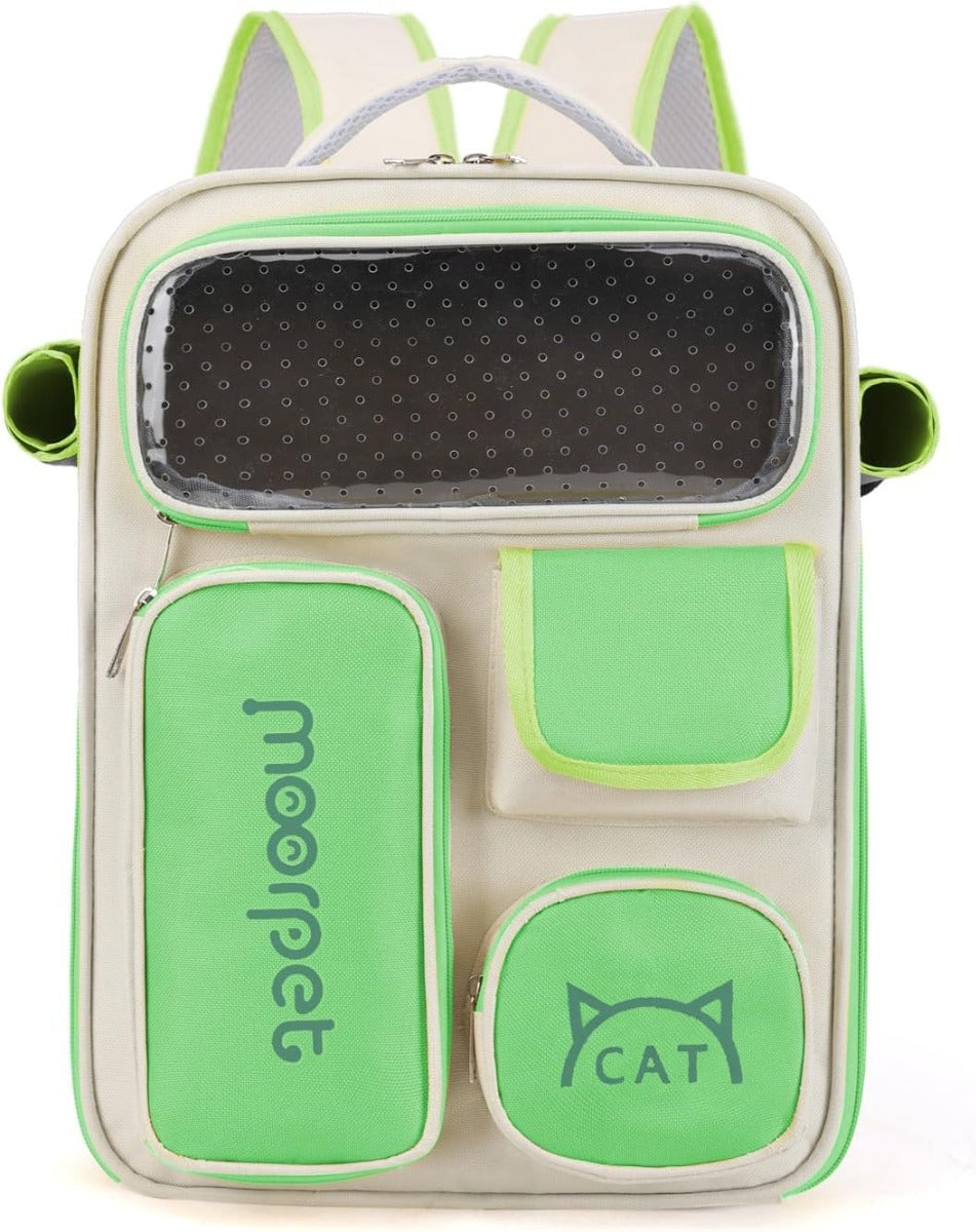 Zaino per animali beige con interno verde, portello in rete e tasca CAT