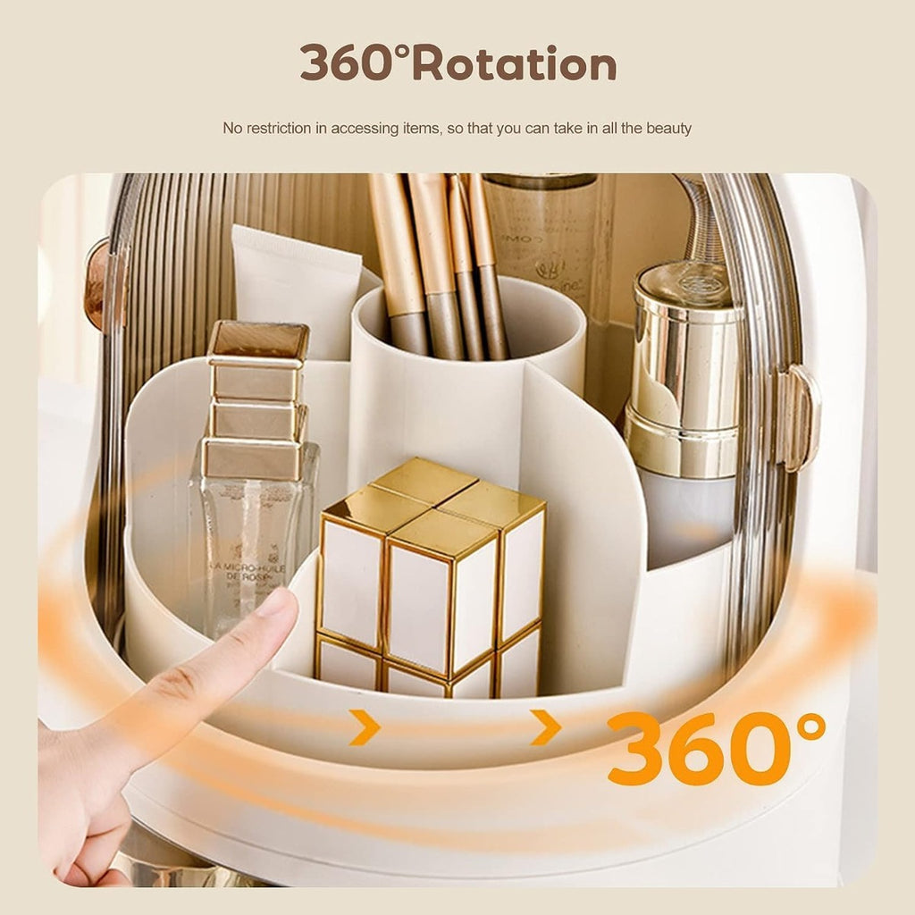 Organizer cosmetici con base bianca e cupola trasparente, vassoio interno rotante 360°