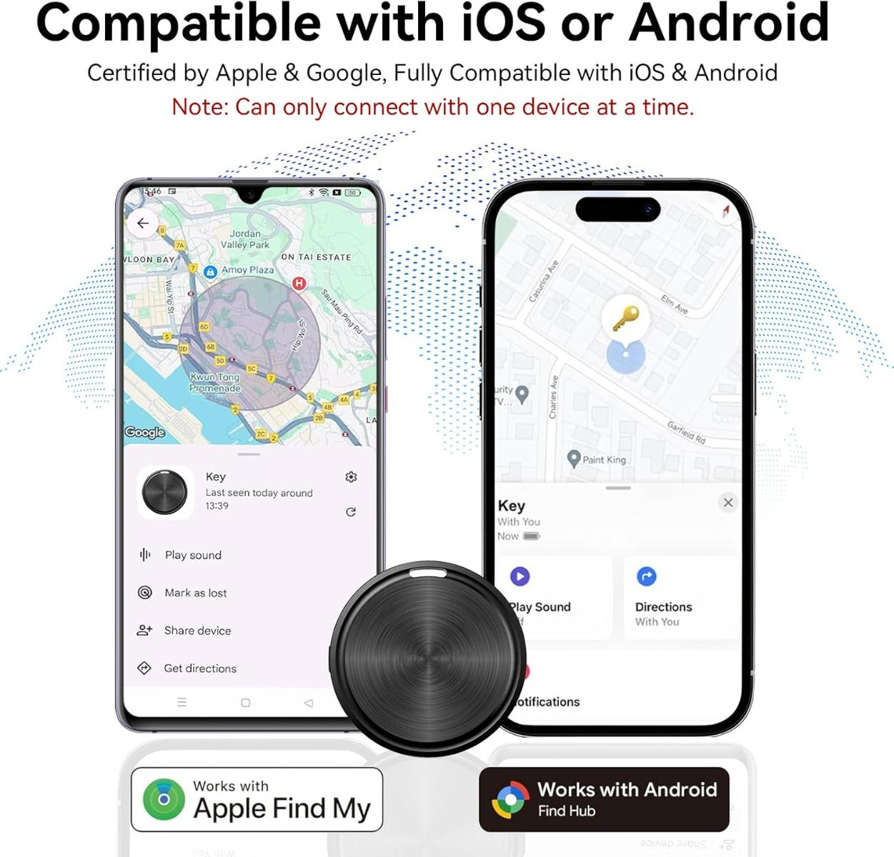Localizzatore rotondo nero con portachiavi, davanti a due smartphone