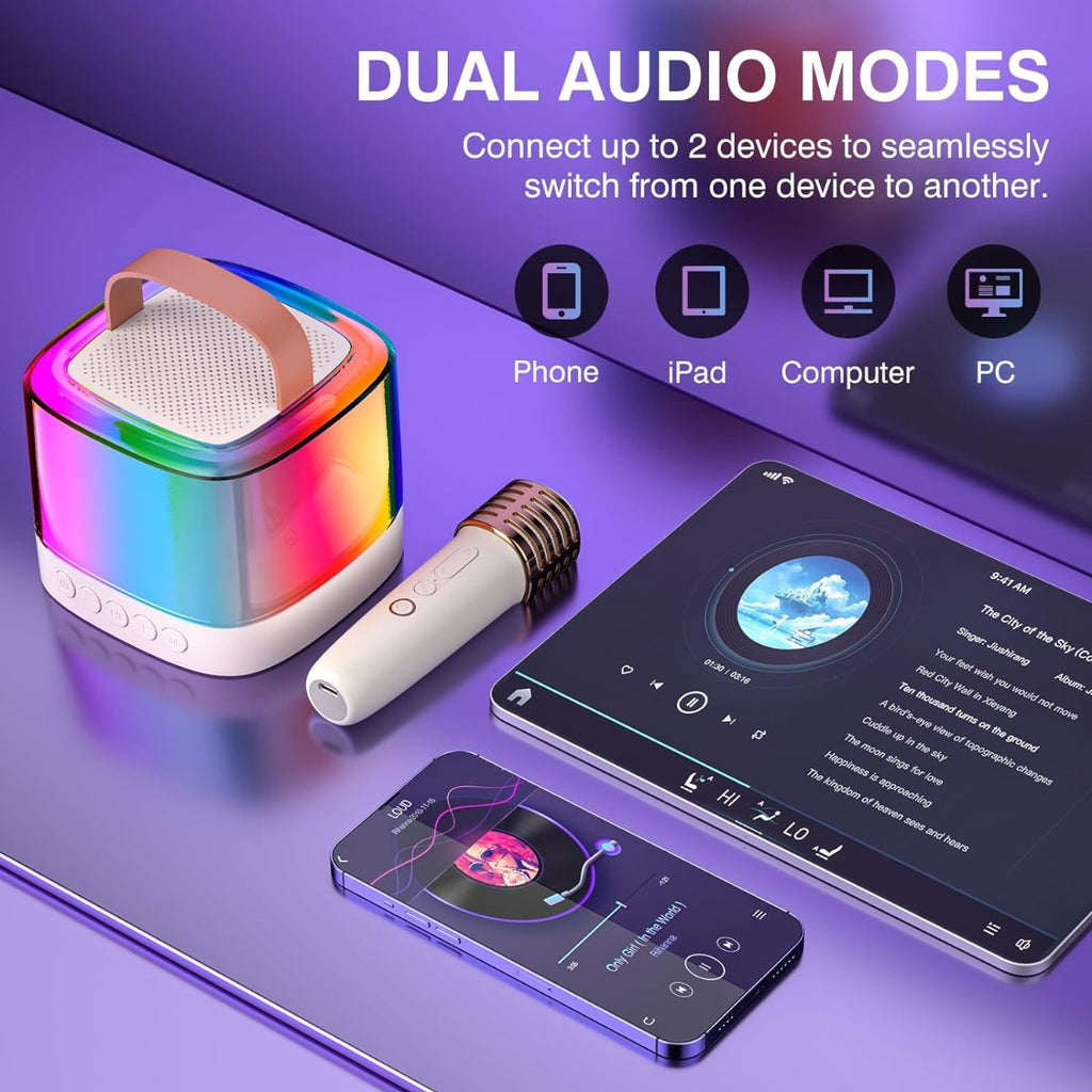 Altoparlante Bluetooth portatile con maniglia multicolore e microfono wireless con griglia dorata