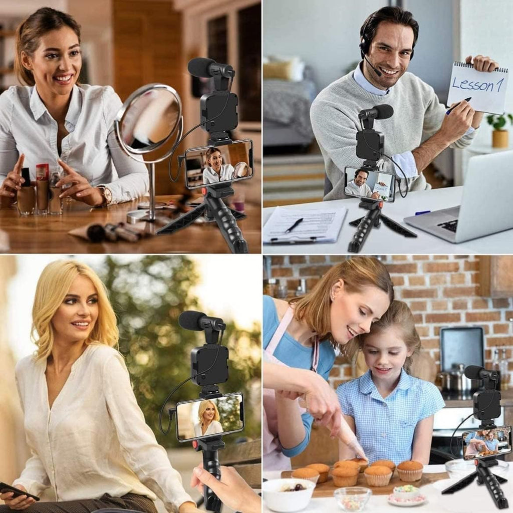 Kit vlogger con luce LED e microfono su treppiede da tavolo per smartphone, nero