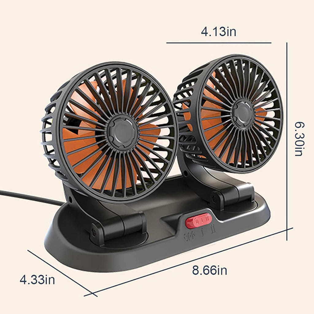 Ventilatore doppio da auto nero e grigio con pale arancioni e interruttore rosso.