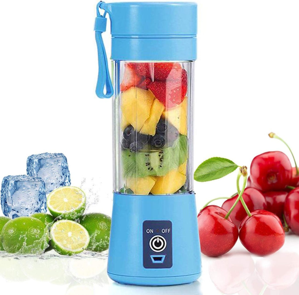 Bottiglia-mixer portatile USB, base blu, contenitore trasparente con frutta