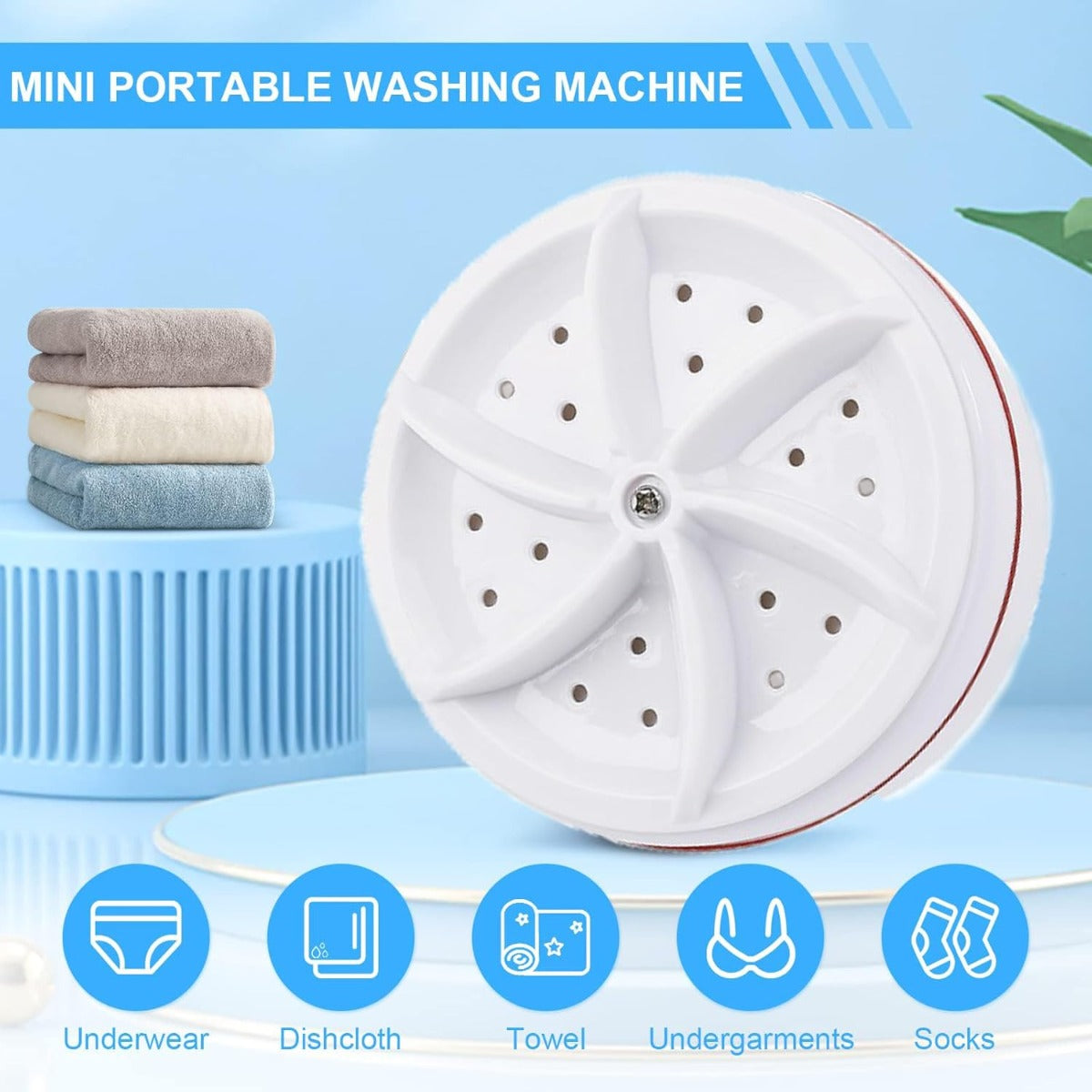 Mini lavatrice portatile ad ultrasuoni bianca con sportello circolare e fori