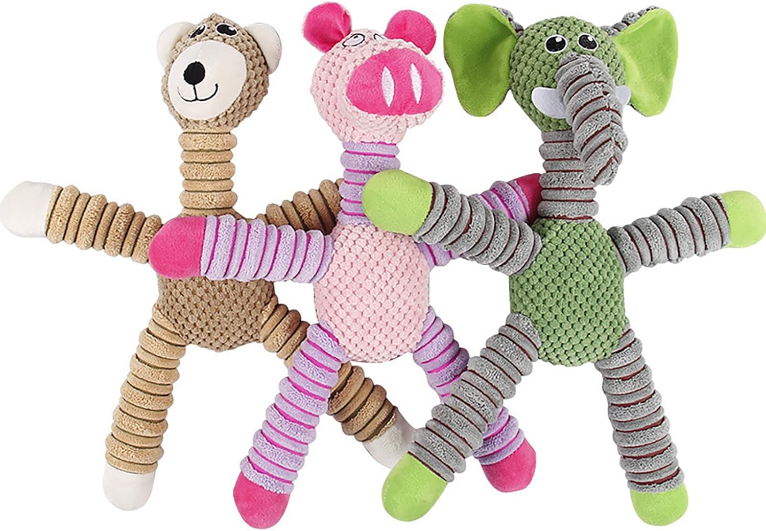 Giocattolo in peluche per cani: elefante verde, maialino rosa e orsetto beige, con dettagli a righe