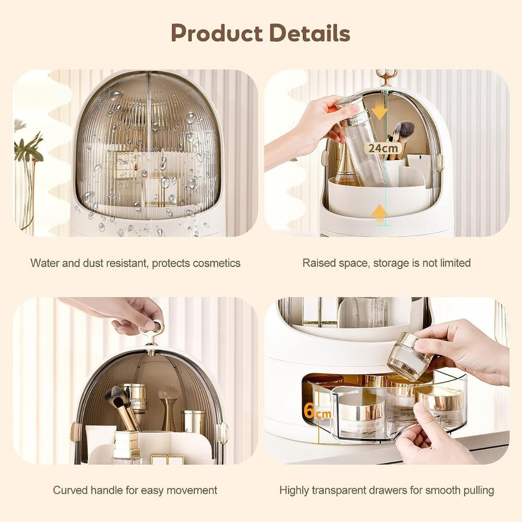 Organizer cosmetici con cupola trasparente e base bianca, cassetti estraibili