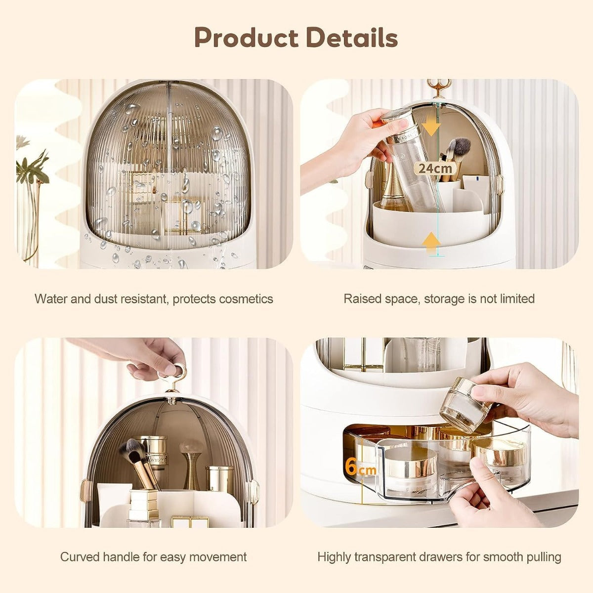 Organizer cosmetici con cupola trasparente e base bianca, cassetti estraibili