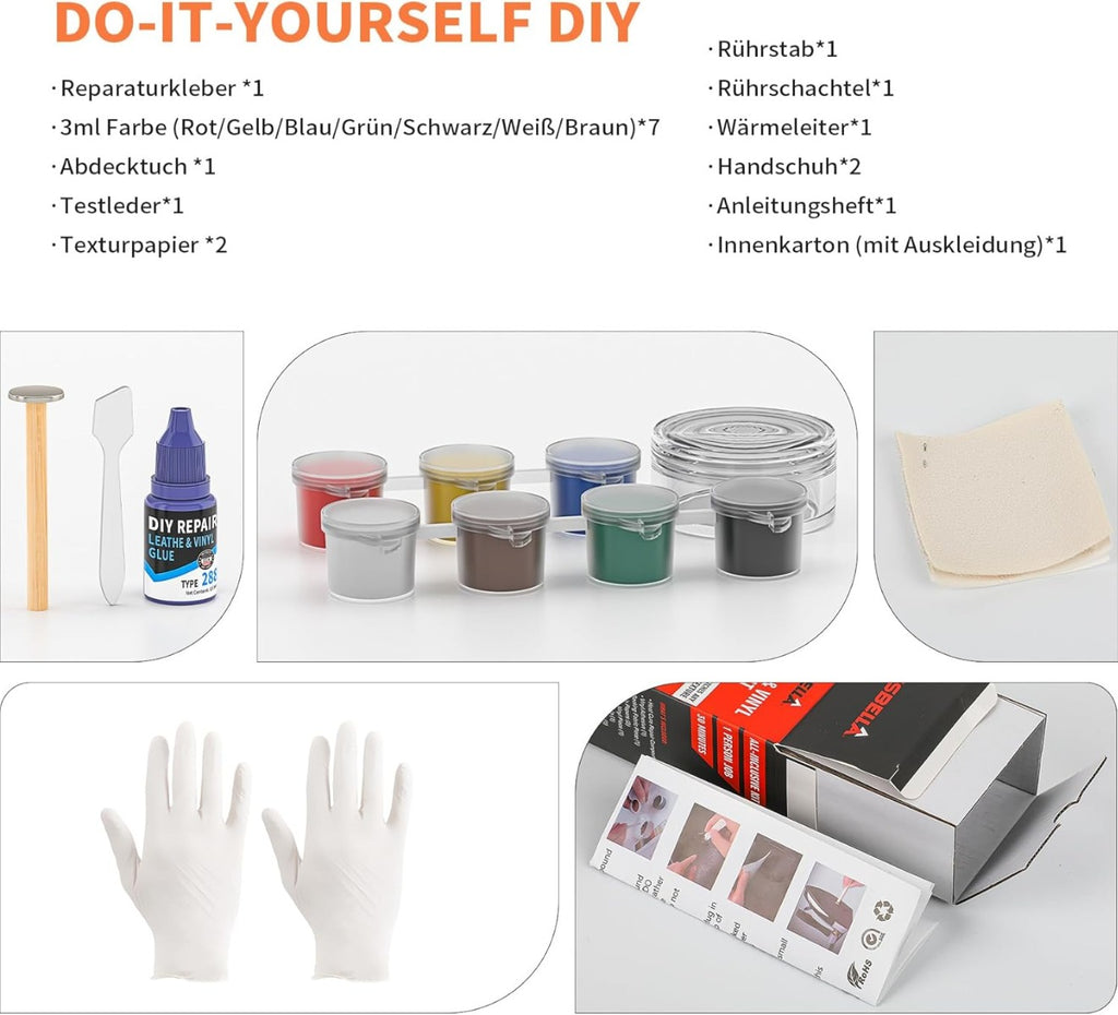 Set di riparazione con barattoli colorati, fogli beige e accessori in dotazione