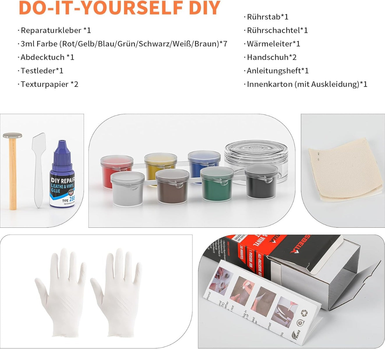 Set di riparazione con barattoli colorati, fogli beige e accessori in dotazione