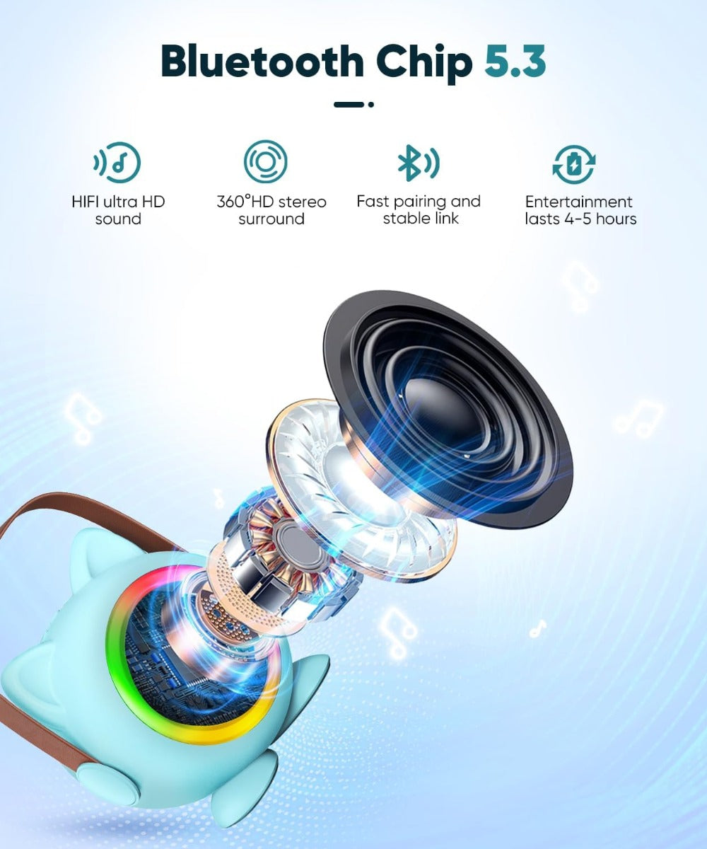 Altoparlante per mini karaoke con luci LED e 2 microfoni wireless, chip Bluetooth 5.3