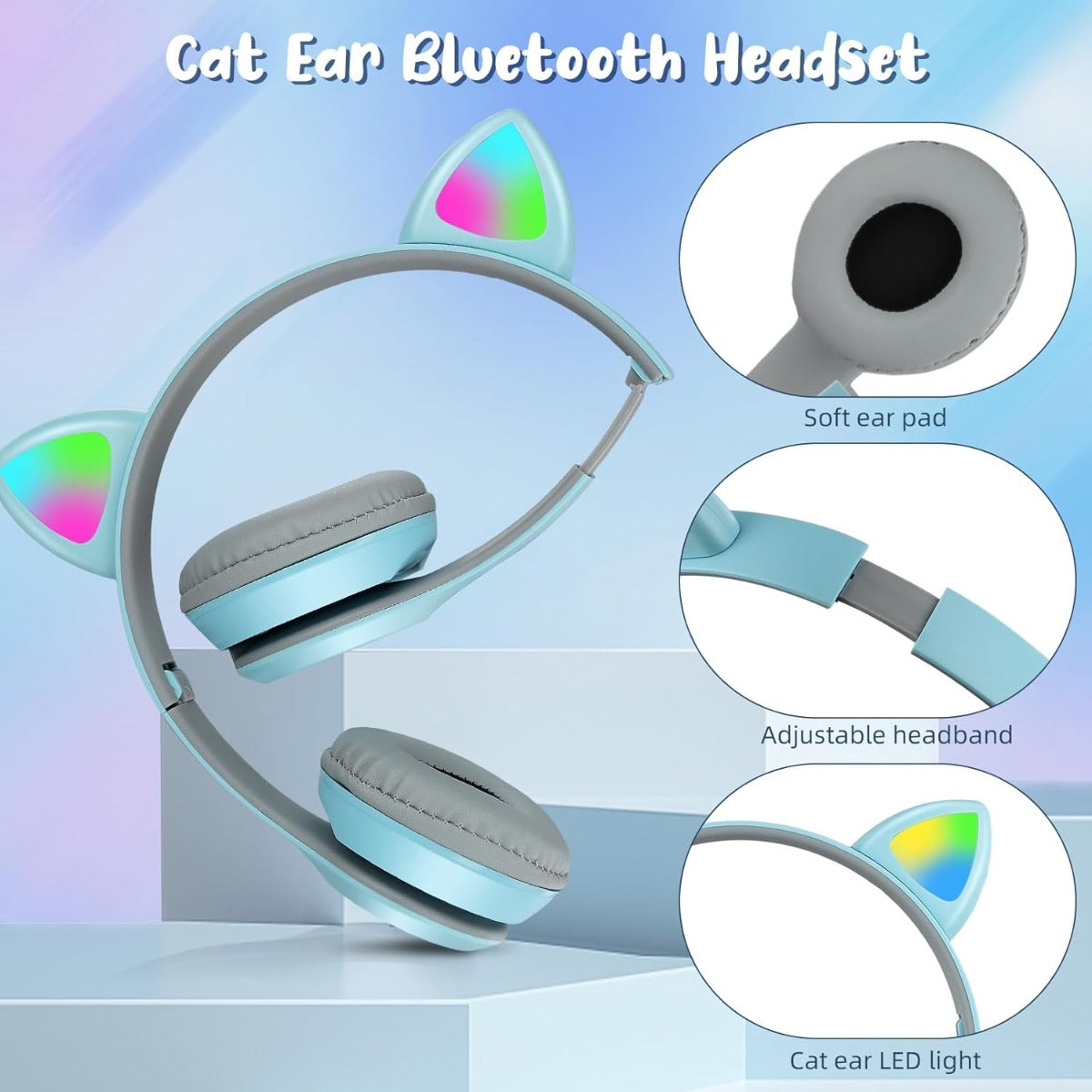 Cuffie Bluetooth over-ear azzurre con pad morbidi grigi e fascia regolabile