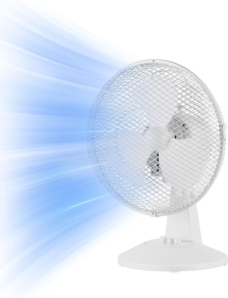 Ventilatore da tavolo bianco con griglia tonda e pale
