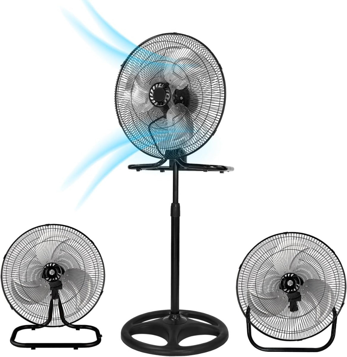Ventilatore nero con griglia circolare e piantana