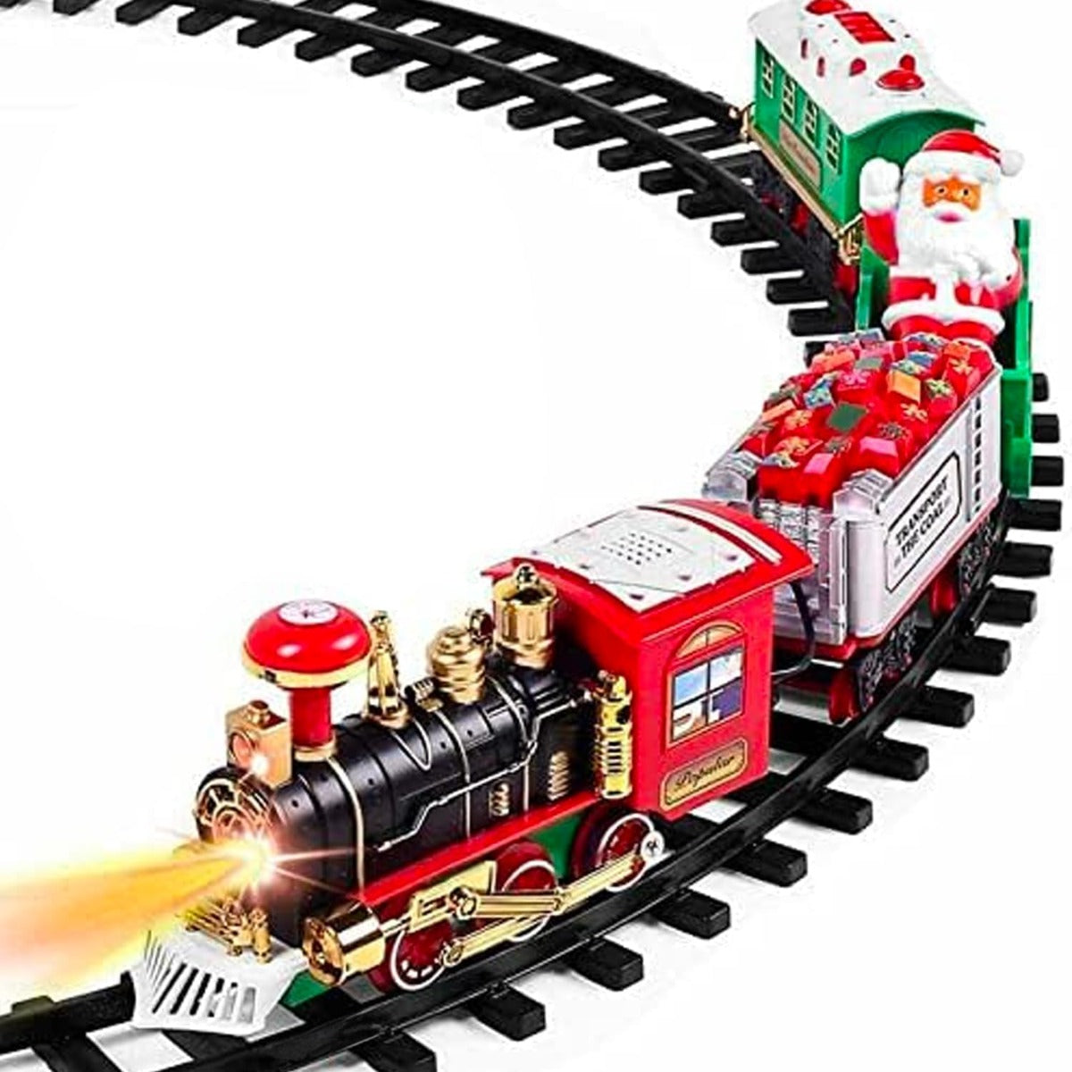 Trenino natalizio elettrico: locomotiva rossa e carrozze verdi con luci su binari neri.