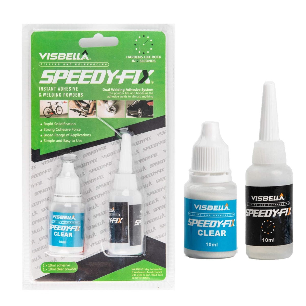 Bottiglie colla Visbella Speedy-Fix trasparente 10 ml con etichette blu e nere