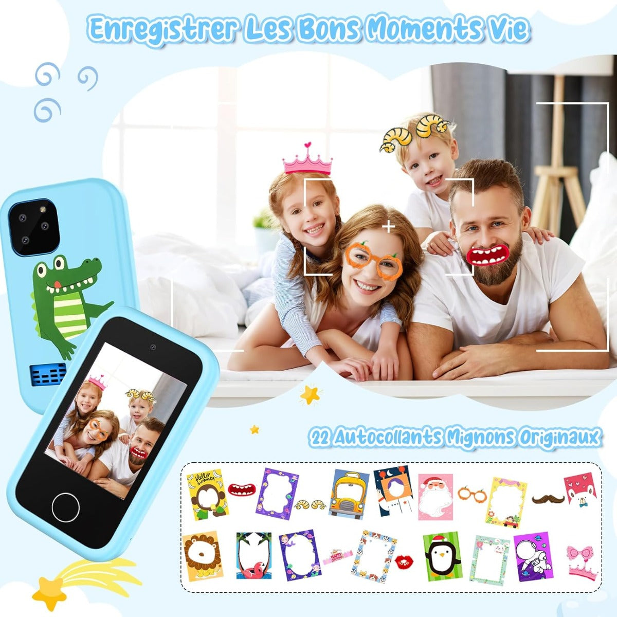 Telefono per bambini azzurro con tastiera frontale e schermo con immagini