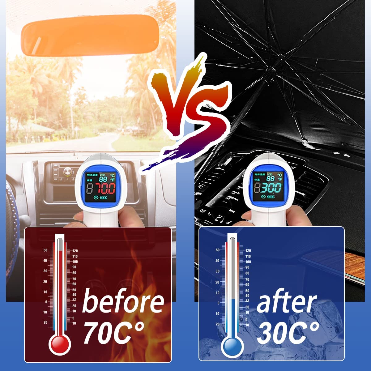 Parasole auto pieghevole nero con effetto riduzione temperatura nell’abitacolo.
