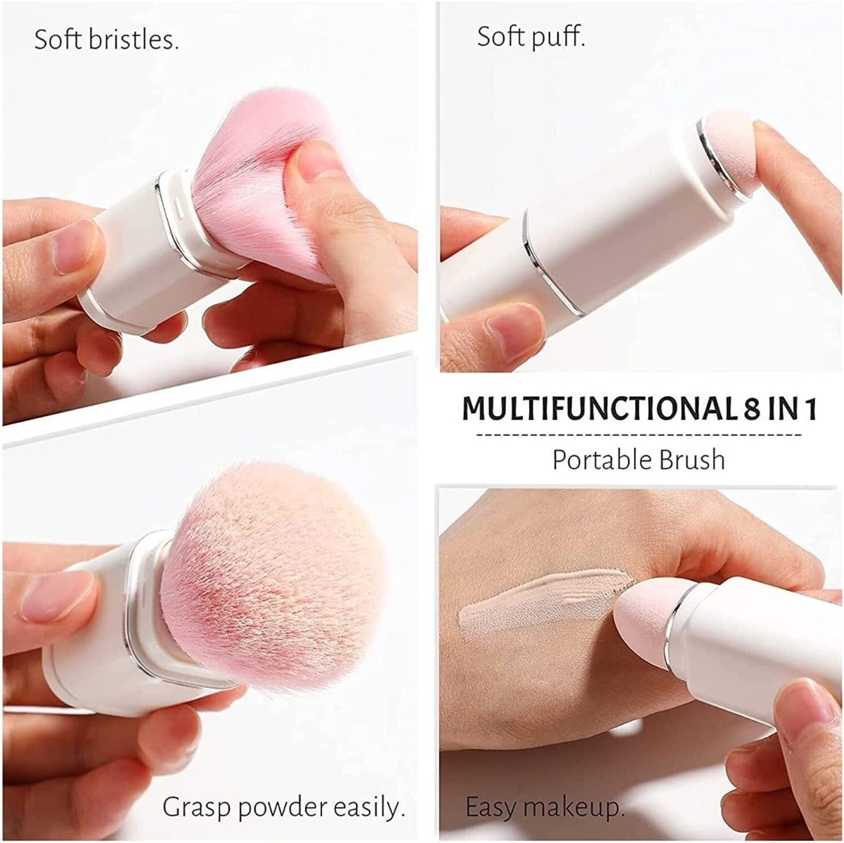Pennello da trucco con setole rosa morbide e applicazione su pelle, manico bianco