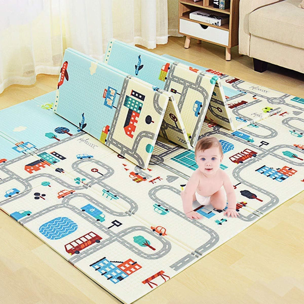 Tappetino da gioco reversibile per bambini, grande, motivo strade e veicoli blu e grigio