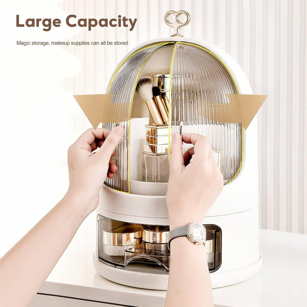 Organizer cosmetici con cupola trasparente e base bianca, cassetto aperto con scomparti