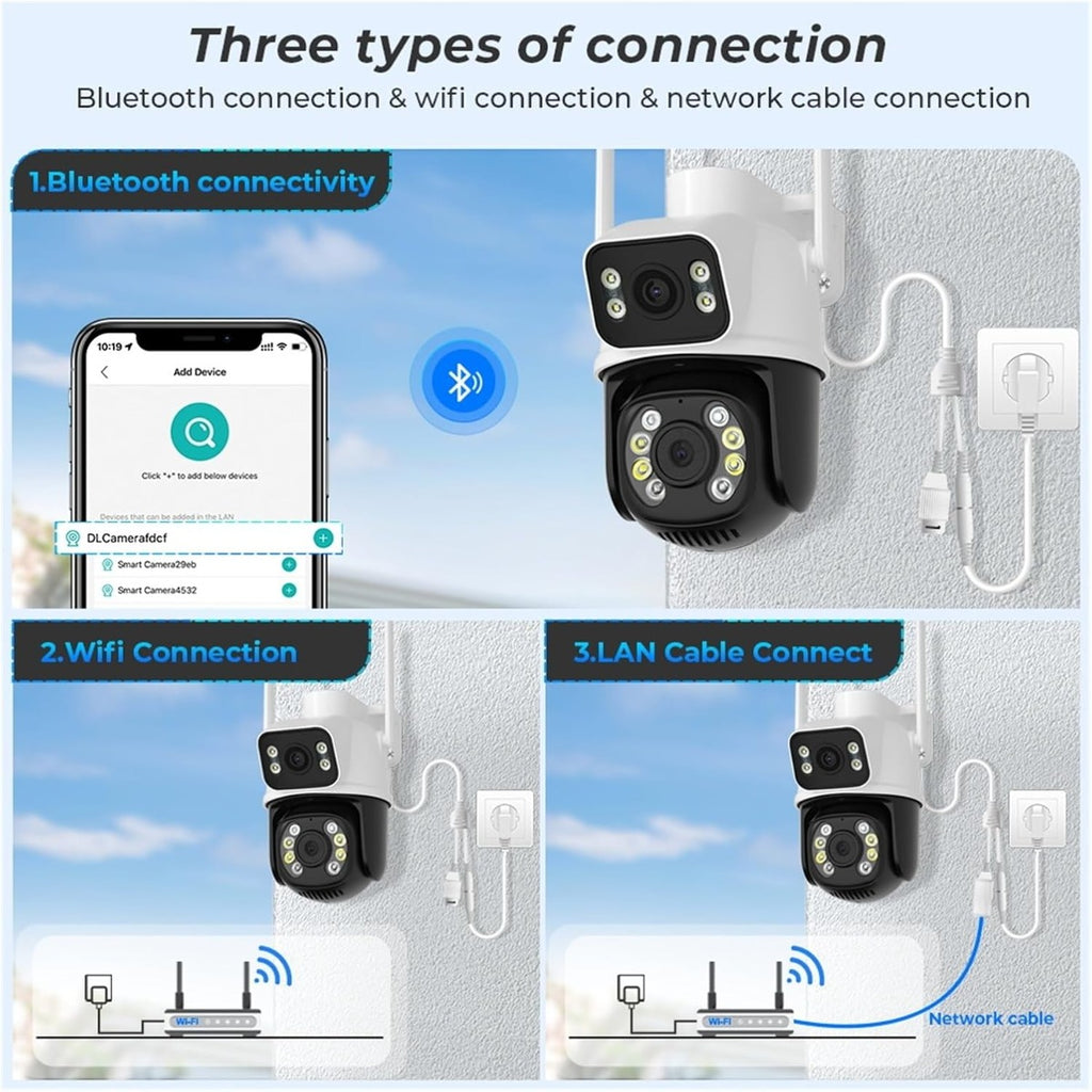 Telecamera Wi‑Fi outdoor bianca e nera con doppio obiettivo e cavi di rete