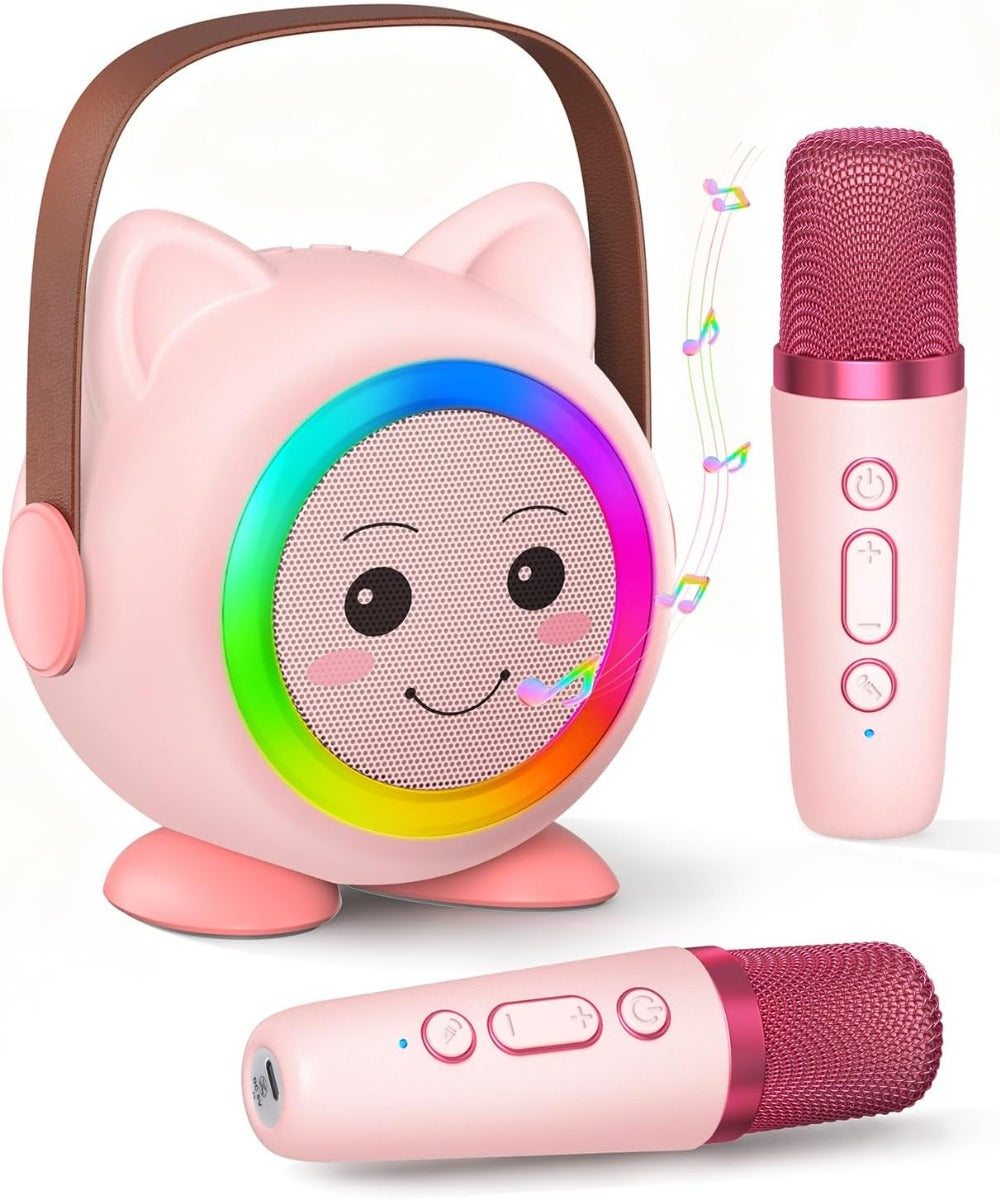 Mini karaoke per bambini rosa: altoparlante a forma di gatto con 2 microfoni wireless