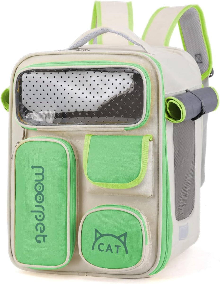Zaino per animali beige con dettagli verdi, portello in rete trasparente e tasche