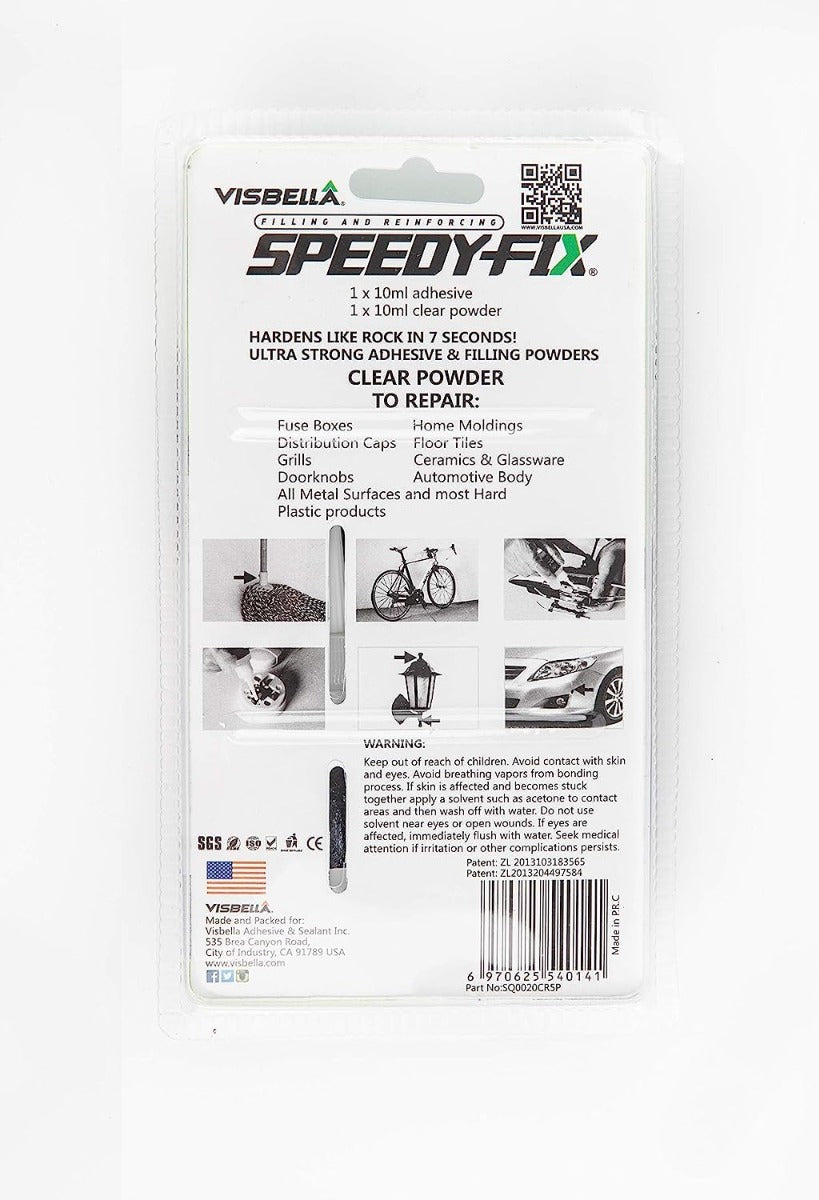 Retro della confezione colla Visbella Speedy-Fix trasparente, etichette e testo