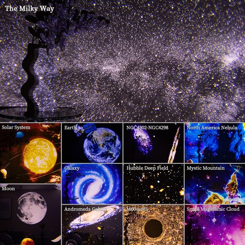 Proiettore planetario bianco e nero con cupola nera e base bianca ad arco