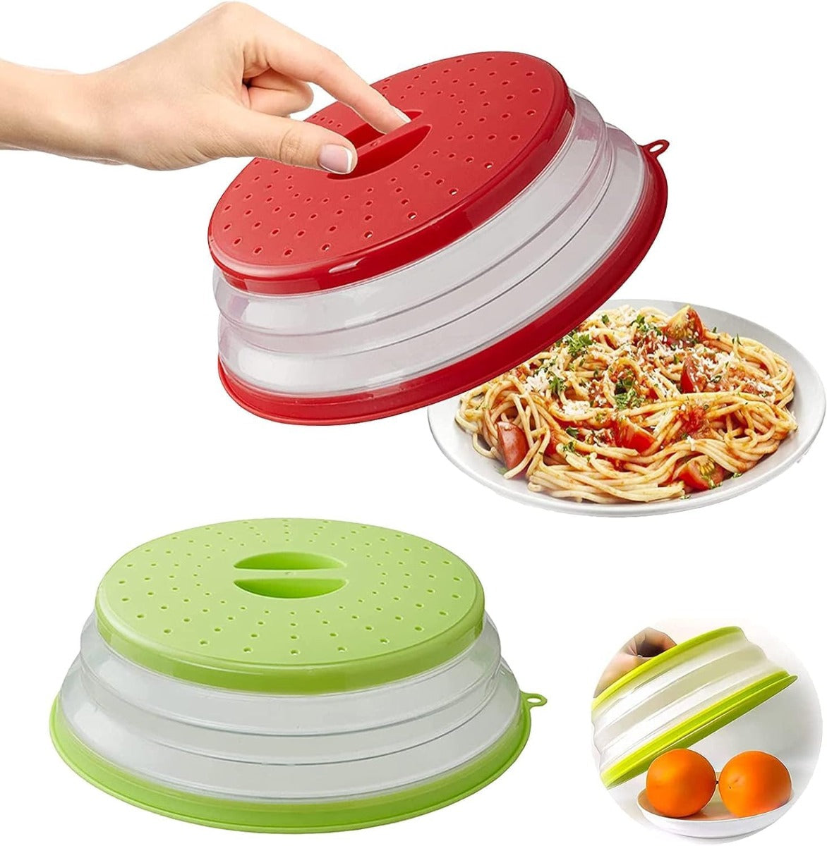 Coperchio anti-spruzzi microonde rosso e verde con base trasparente forata