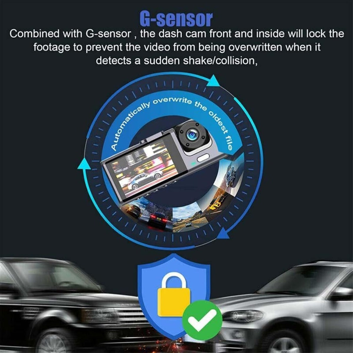 Dash cam tripla con G-sensor e registrazione in loop, blocco per urti.