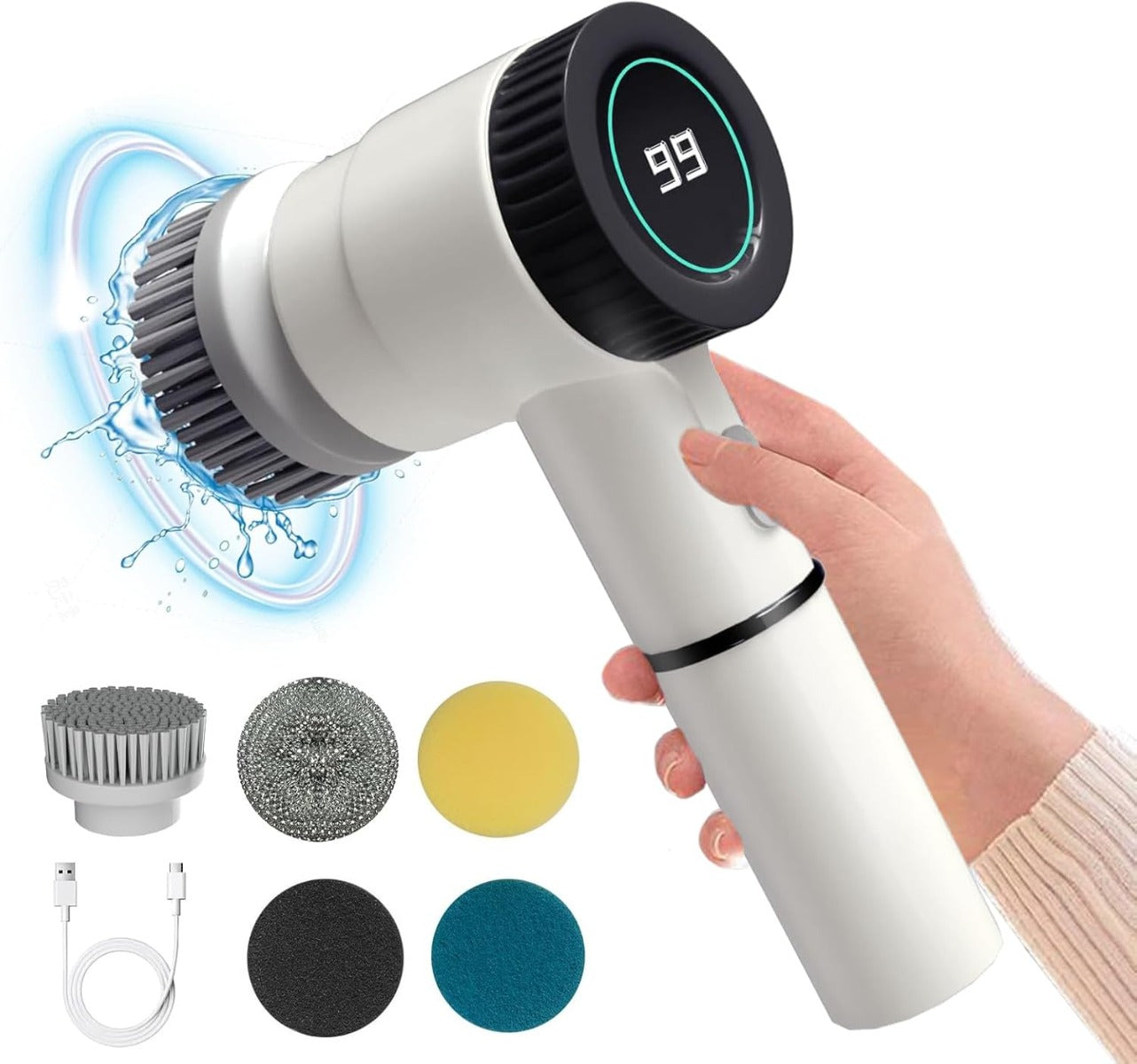 Spazzola elettrica per pulizia bianca con testa a setole nere e display LED 99
