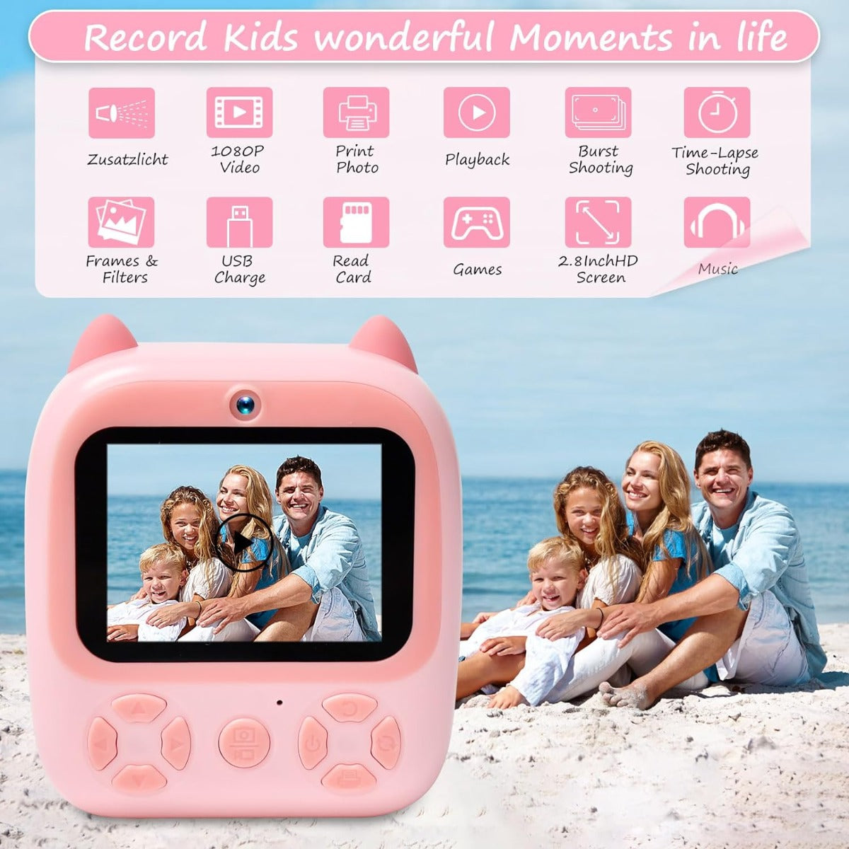Fotocamera istantanea per bambini rosa a forma di gatto con schermo e comandi frontali