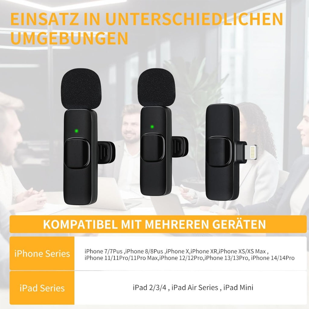 Set di microfoni lavalier wireless neri con luce verde sui ricevitori