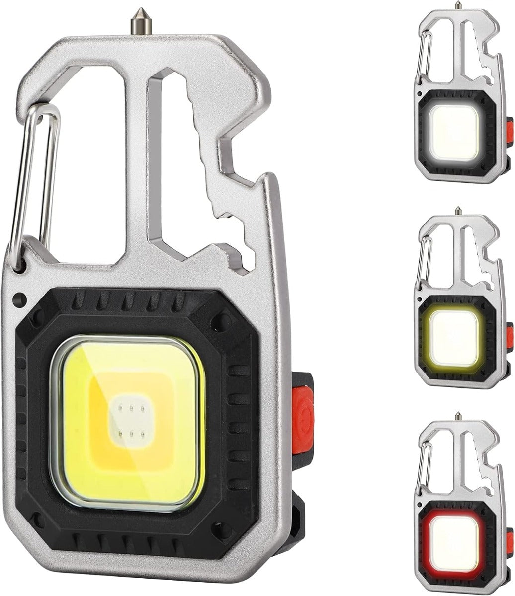Torcia portachiavi mini con COB LED quadrata, corpo argento e aggancio rosso