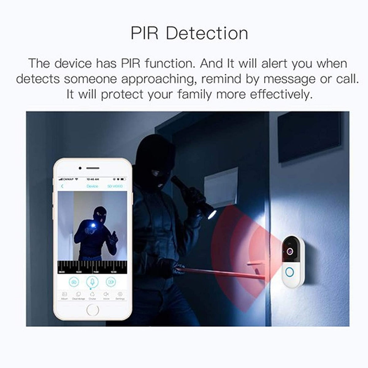 Videocitofono WiFi bianco con fotocamera nera e area pulsante circolare