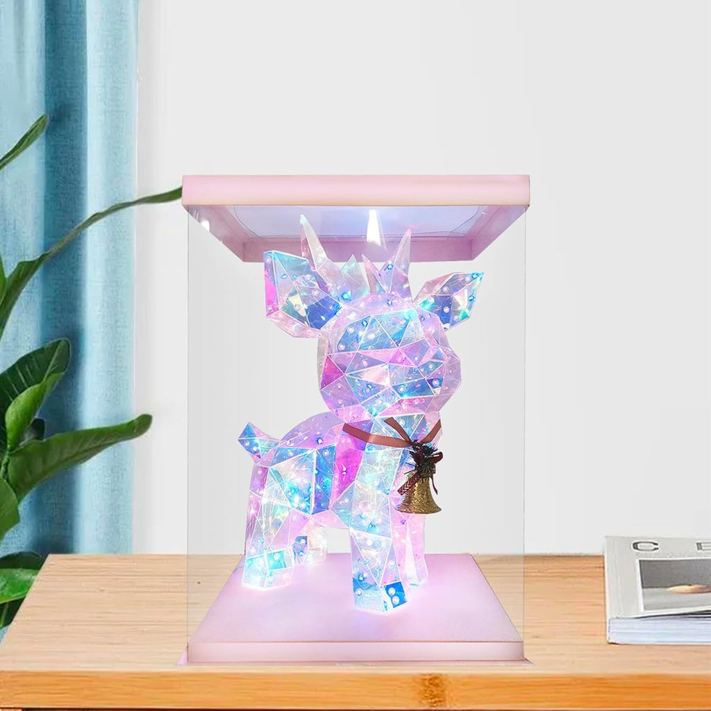 Cervo luminoso LED multicolore con fiocco e campanella, decorazione natalizia su base