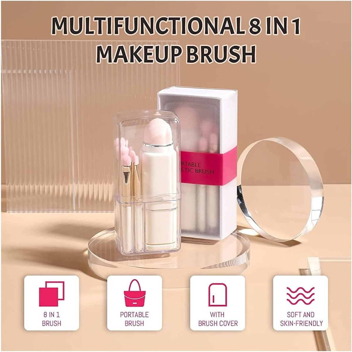 Set di pennelli da trucco 8 in 1 retrattili in astuccio trasparente con box