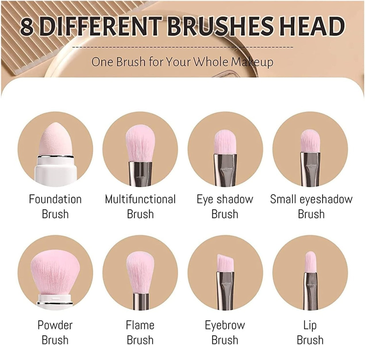 Set di 8 teste di pennello da trucco con setole rosa e manici bianchi