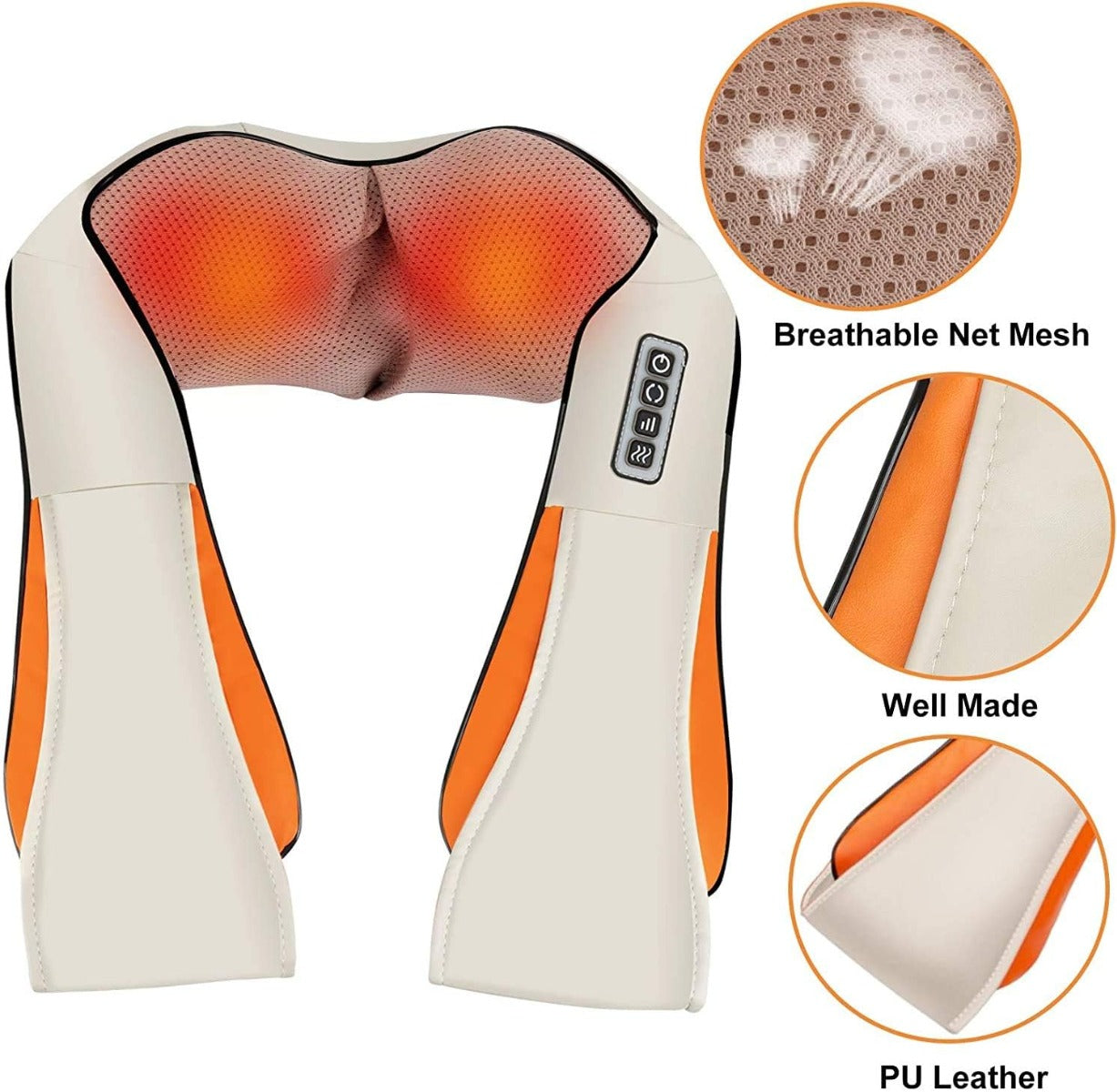 Massaggiatore cervicale e schiena beige e arancione con rete microforata sul busto